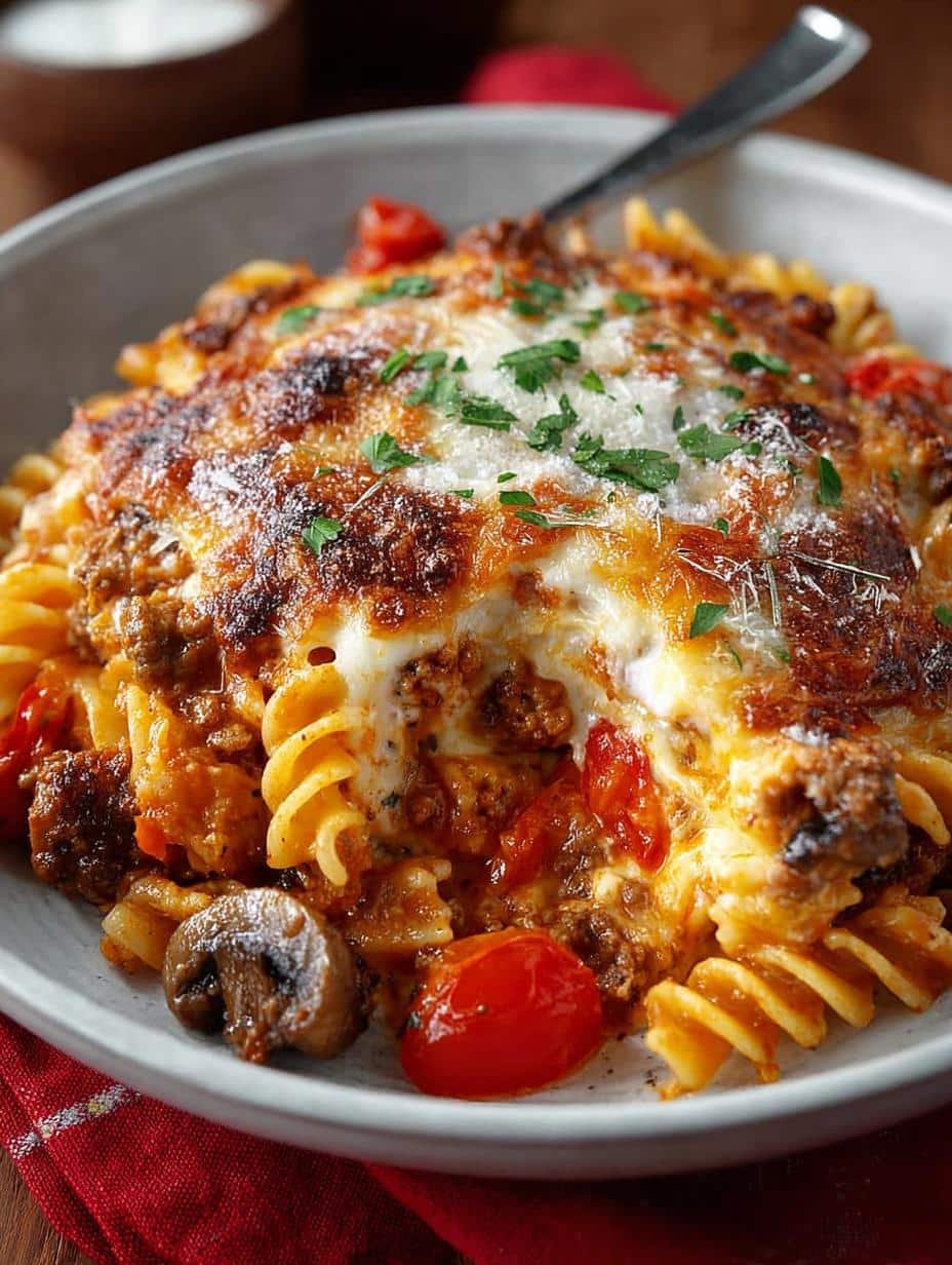 Delicious Johnny Marzetti Casserole served in a dish, showcasing its cheesy and hearty ingredients.