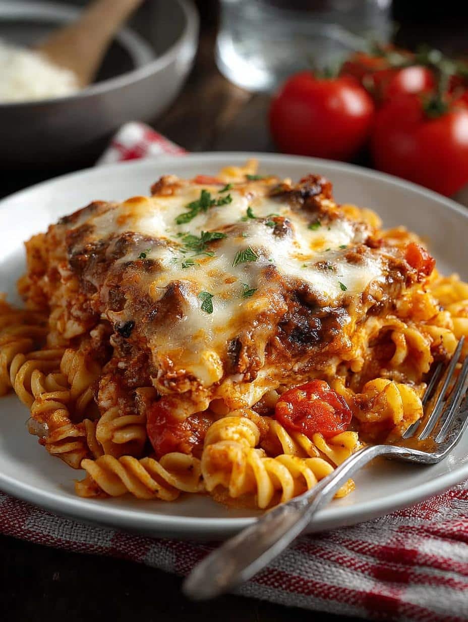 A close-up of Johnny Marzetti Casserole, highlighting the melted cheese and colorful vegetables.