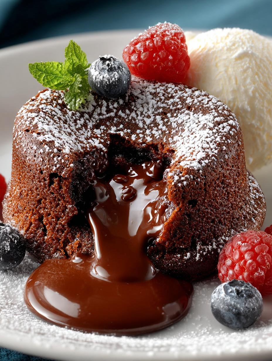 Delicious molten chocolate cakes served with vanilla ice cream and fresh berries
