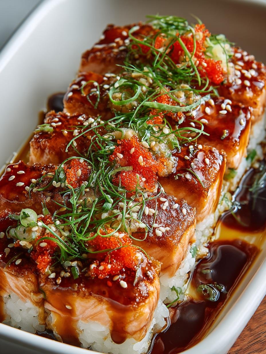 Delicious Teriyaki Salmon Sushi Bake fresh from the oven, ready to serve.