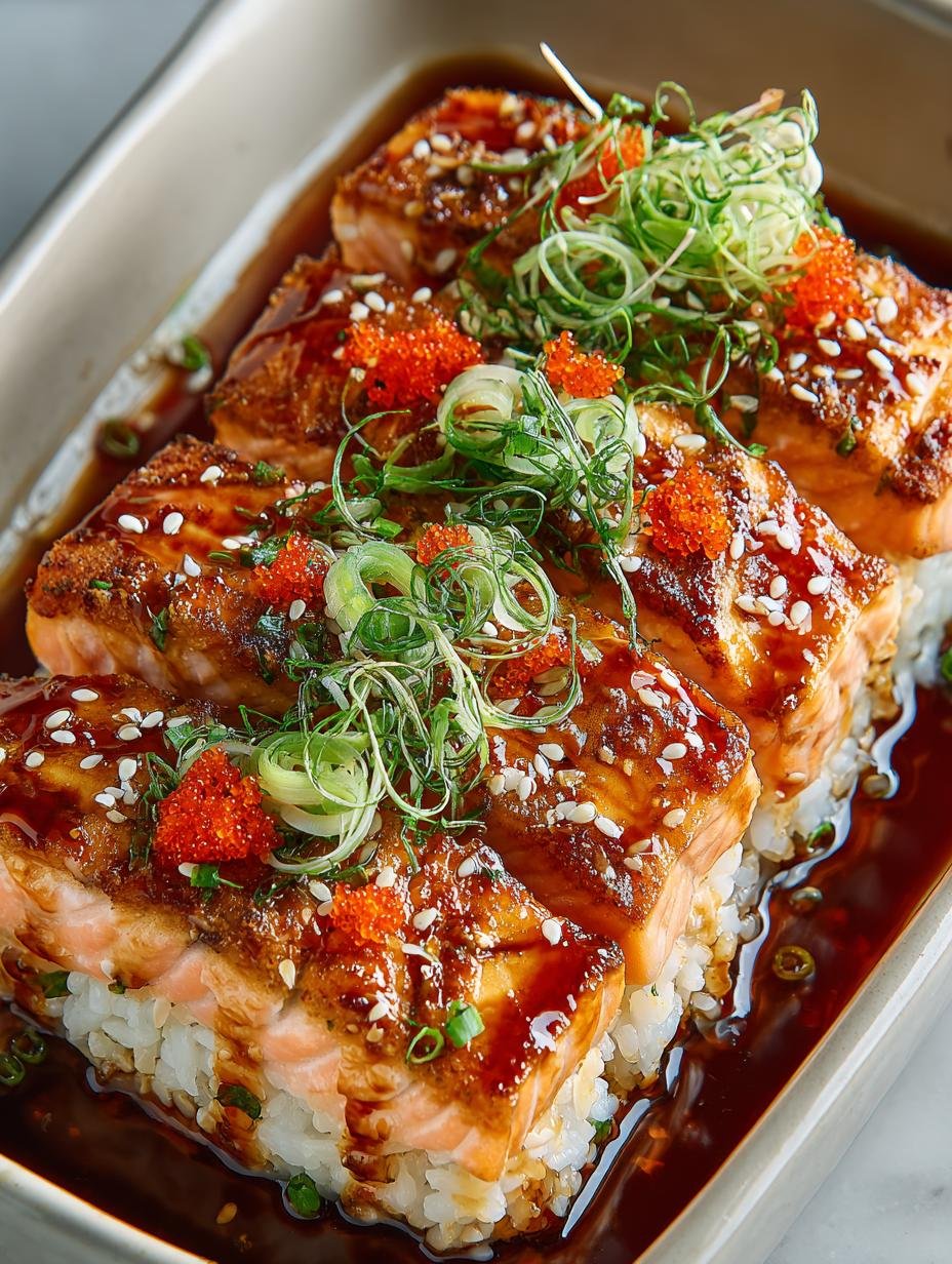 Close-up of Teriyaki Salmon Sushi Bake showcasing the creamy topping and garnishes.