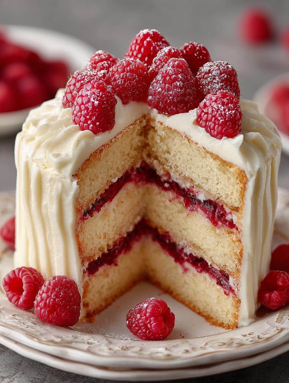 Irresistible Vanilla Raspberry Layer Cake with layers of vanilla cake and raspberry filling