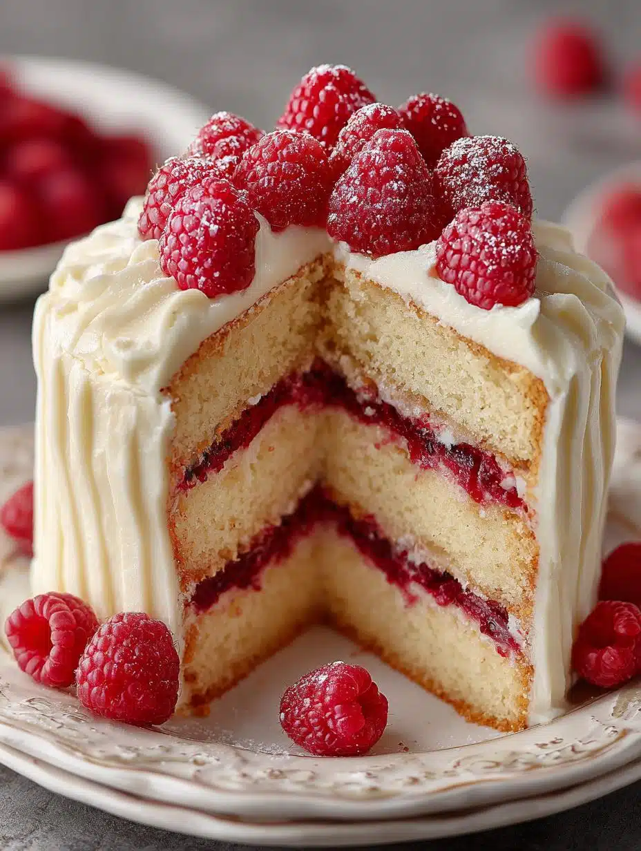 Irresistible Vanilla Raspberry Layer Cake with layers of vanilla cake and raspberry filling