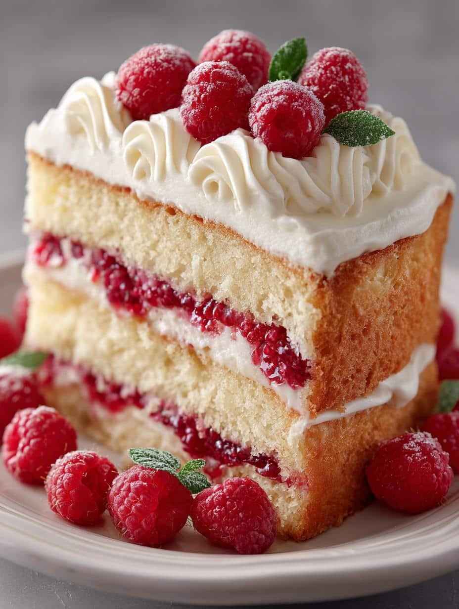 Ingredients for Vanilla Raspberry Layer Cake including fresh raspberries and vanilla buttercream