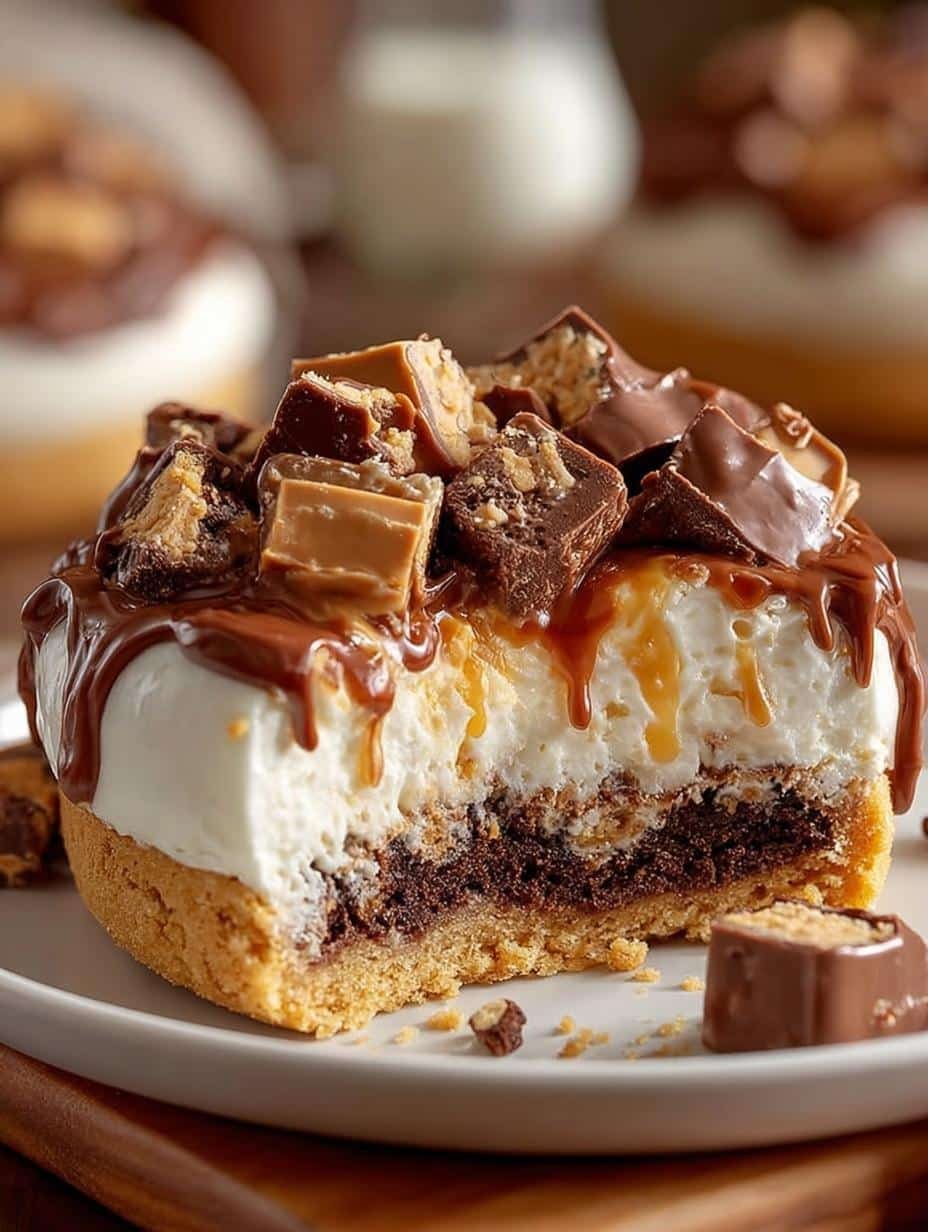 Deliciously layered Reeses Cheesecake Cookie Delight ready to serve