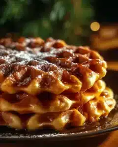 Apple fritter waffle donuts drizzled with glaze on a wooden board.