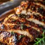 Delicious balsamic baked chicken breast garnished with herbs and served on a plate.