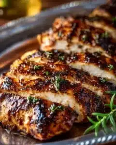 Delicious balsamic baked chicken breast garnished with herbs and served on a plate.