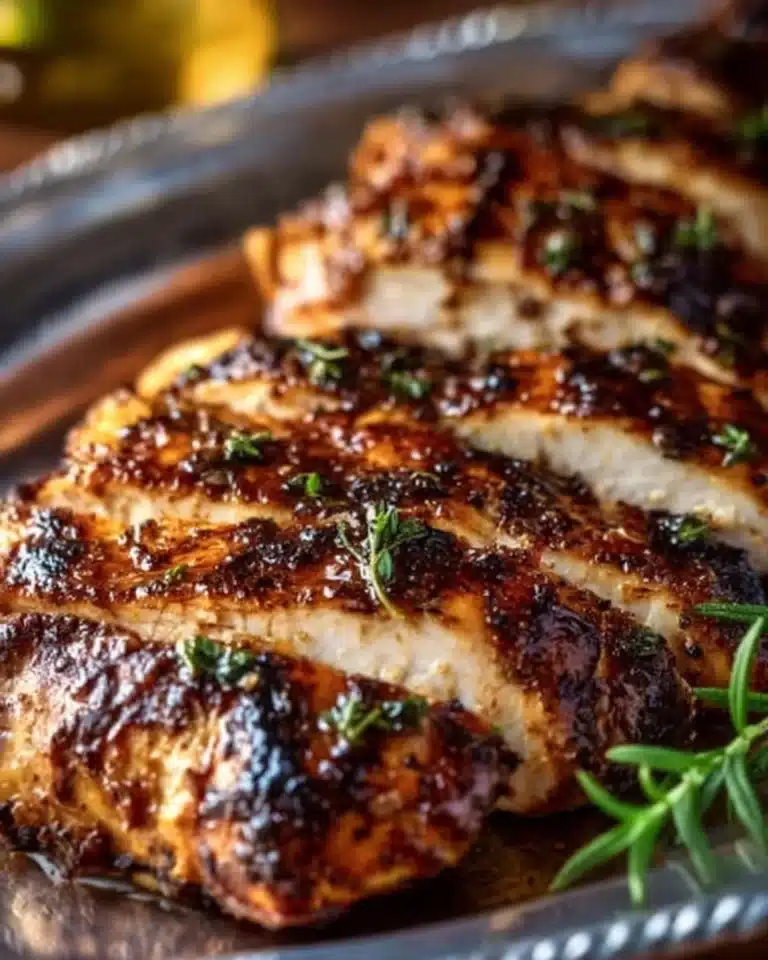Delicious balsamic baked chicken breast garnished with herbs and served on a plate.
