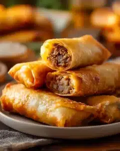 Delicious beef cheddar egg rolls served with dipping sauce on a platter
