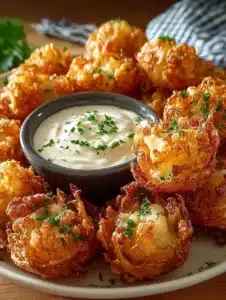 Delicious bite-sized blooming onions served with dipping sauce