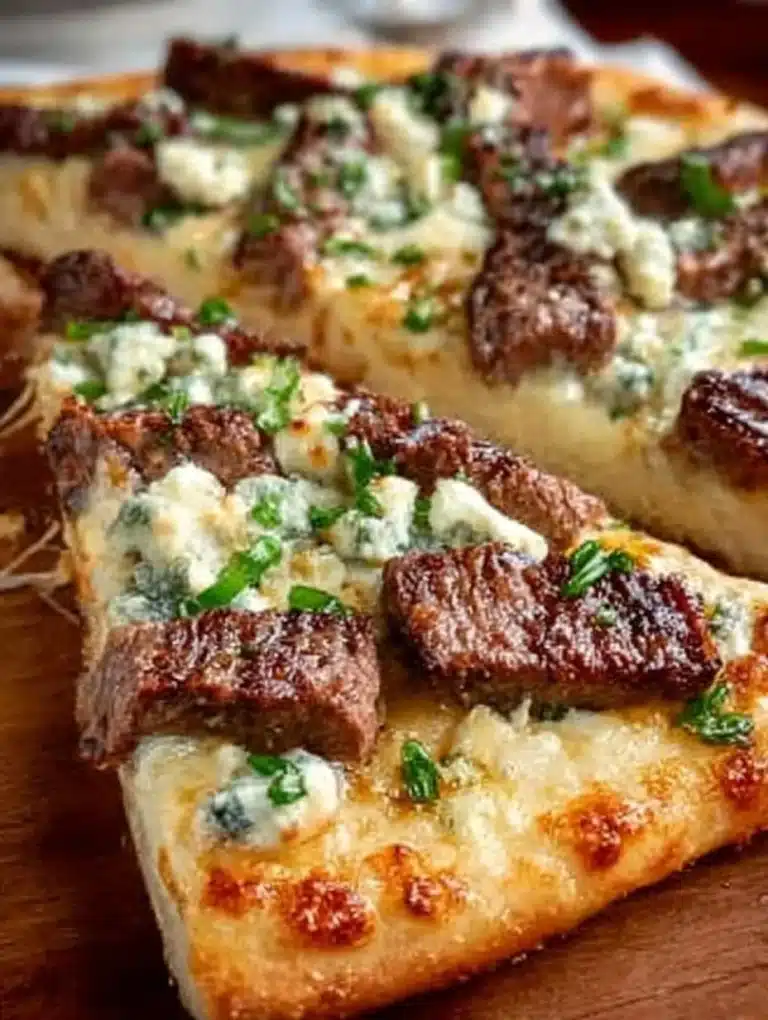 Blue cheese steak pizza topped with juicy steak and crumbled blue cheese