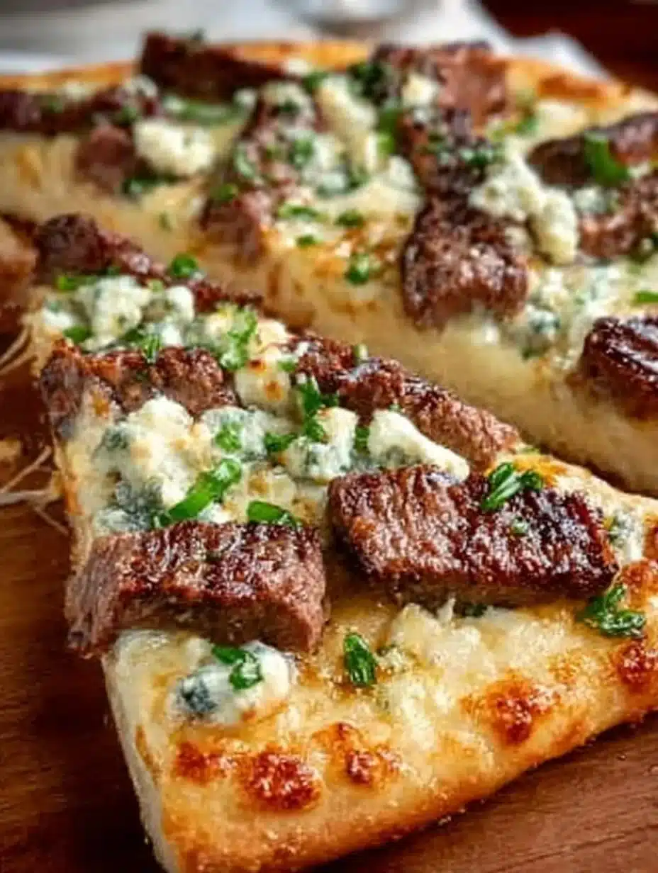 Blue cheese steak pizza topped with juicy steak and crumbled blue cheese