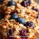 Blueberry baked oatmeal cups served on a plate with fresh blueberries
