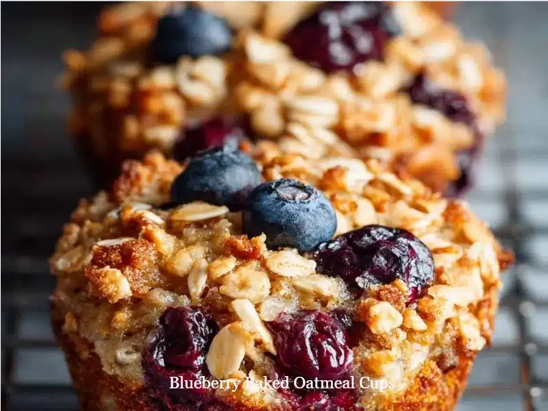 Blueberry Baked Oatmeal Cups 1 Blueberry baked oatmeal cups served on a plate with fresh blueberries