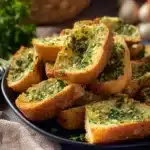 A fresh loaf of garlic bread topped with melted butter and minced garlic.