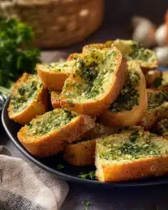 A fresh loaf of garlic bread topped with melted butter and minced garlic.