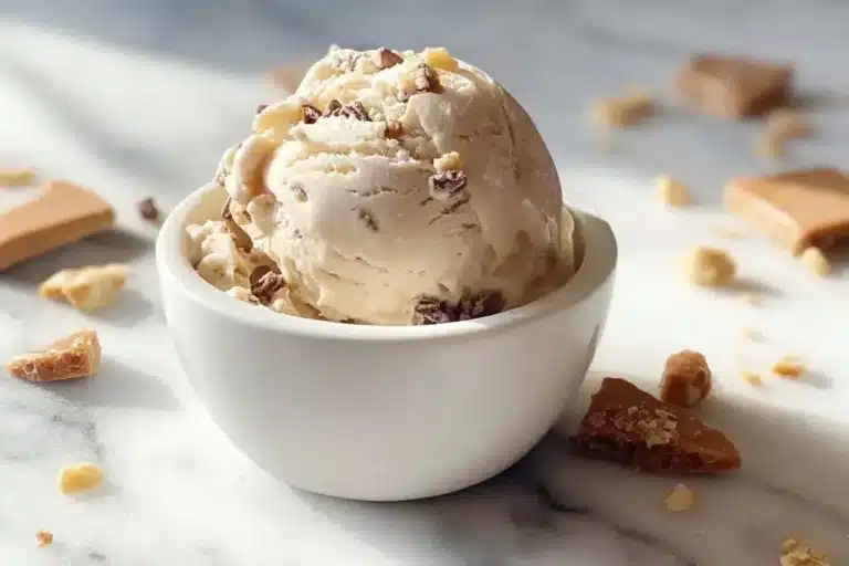 Delicious Butter Brickle ice cream with buttery toffee bits and vanilla