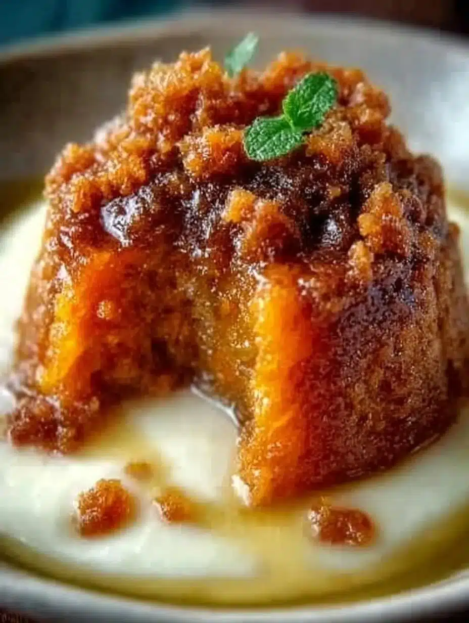 Delicious carrot pudding topped with brown sugar sauce