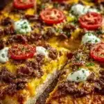 Delicious cheeseburger pizza topped with cheese, beef, and pickles.