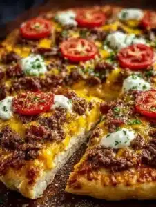 Cheeseburger Pizza Incredible You 6 Delicious cheeseburger pizza topped with cheese, beef, and pickles.