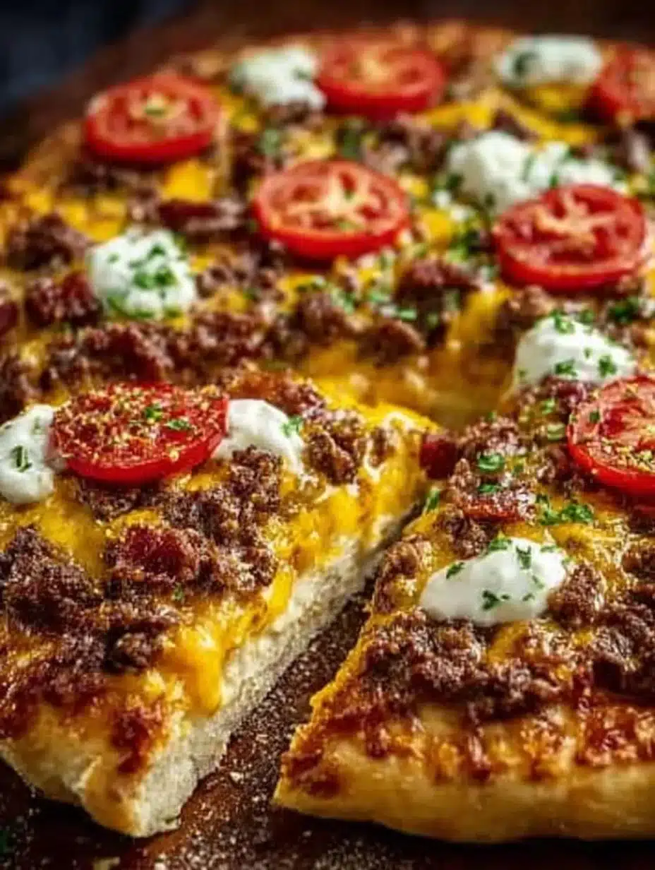 Delicious cheeseburger pizza topped with cheese, beef, and pickles.
