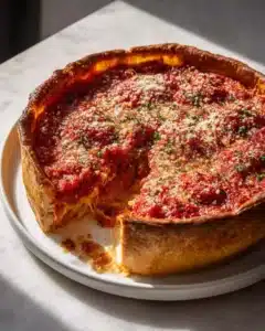 Chicago-Style deep dish pizza topped with Italian sausage and cheese