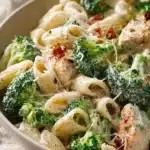 Creamy Chicken Broccoli Alfredo served on a plate with a sprinkle of parsley