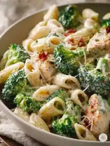 Creamy Chicken Broccoli Alfredo served on a plate with a sprinkle of parsley