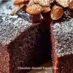 Delicious Chocolate Almond Yogurt Cake topped with almonds and chocolate