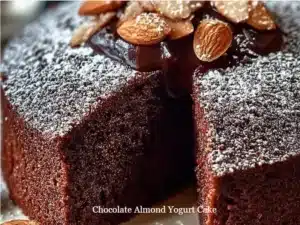 Delicious Chocolate Almond Yogurt Cake topped with almonds and chocolate