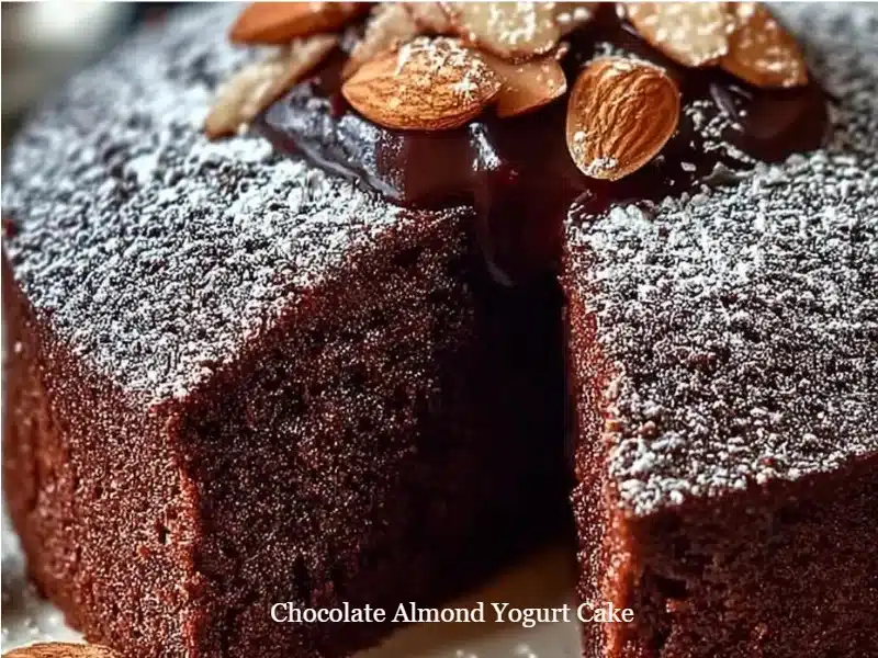 Chocolate Almond Yogurt Cake 1 Delicious Chocolate Almond Yogurt Cake topped with almonds and chocolate