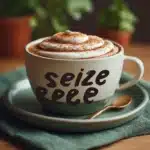 A cup of Cinnamon Brown Sugar Coffee with cinnamon stick and brown sugar on the side.