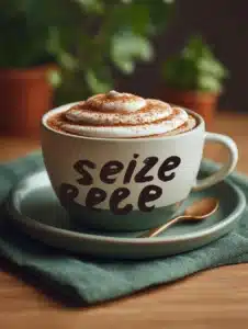 A cup of Cinnamon Brown Sugar Coffee with cinnamon stick and brown sugar on the side.