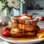 Delicious Cornflake French Toast topped with syrup and berries on a plate
