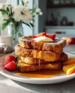 Cornflake French Toast 7 Delicious Cornflake French Toast topped with syrup and berries on a plate