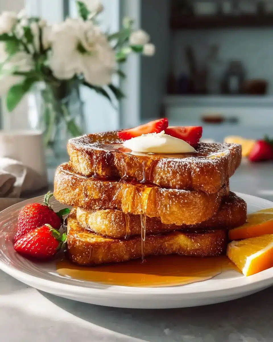 Delicious Cornflake French Toast topped with syrup and berries on a plate