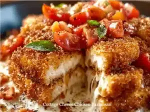 Cottage Cheese Chicken Parmesan dish with melted cheese and herbs