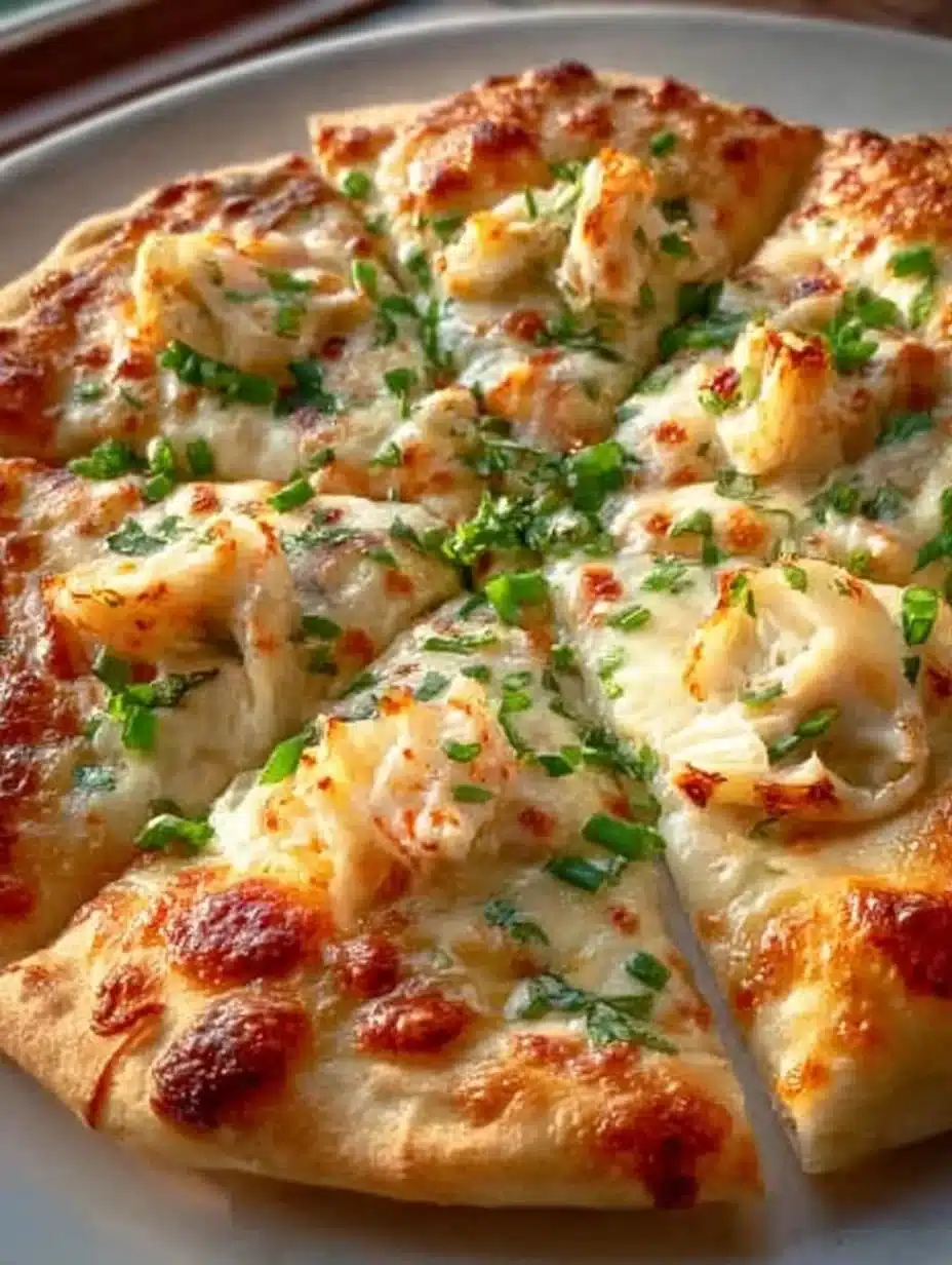 Delicious Crab Rangoon Pizza topped with cream cheese and crab meat