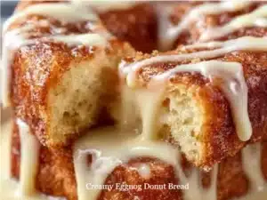 Slice of creamy Eggnog Donut Bread showcasing its rich texture and festive flavor