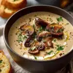 Bowl of creamy mushroom soup garnished with herbs
