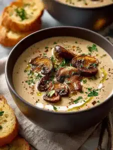 Bowl of creamy mushroom soup garnished with herbs