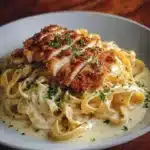 Crispy chicken served with creamy pasta in a delicious meal