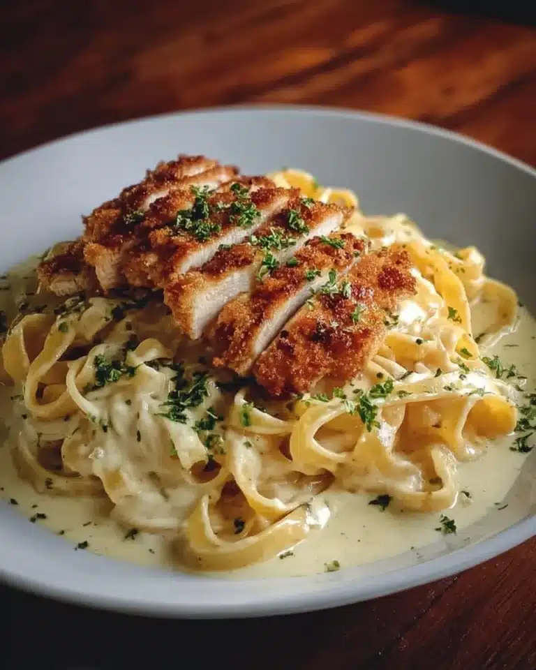 Crispy chicken served with creamy pasta in a delicious meal