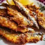 Plate of crispy fried sardines garnished with lemon