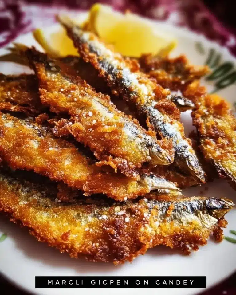 Plate of crispy fried sardines garnished with lemon