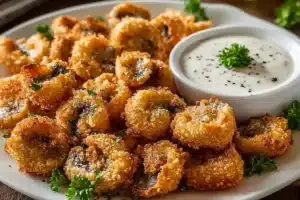 Crispy ranch air fryer mushrooms served on a plate