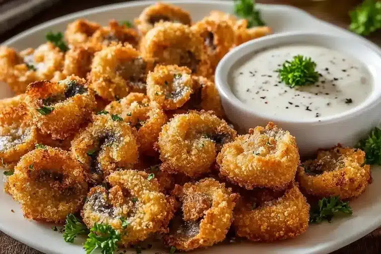 Crispy ranch air fryer mushrooms served on a plate