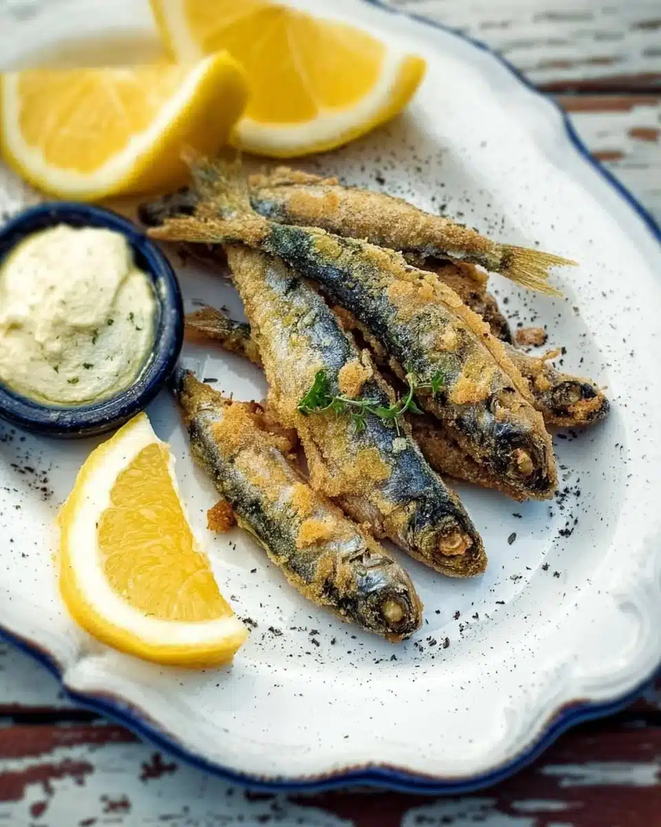 Platter of crispy Spanish-style fried sardines garnished with herbs.