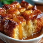 Delicious croissant bread pudding topped with caramel sauce on a plate.